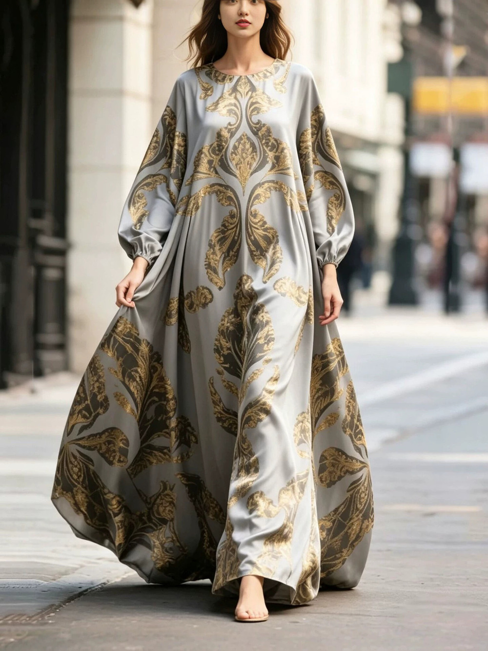 ZARA Elegant Womens Gold Foil Print Loose Long Sleeve Flowy Maxi Dress
